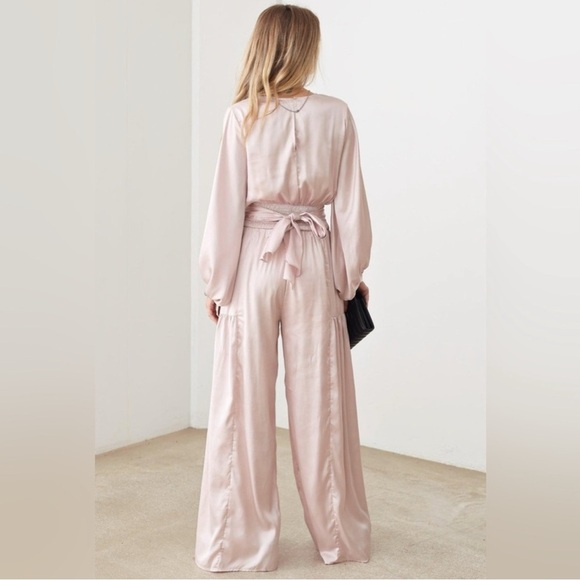 Mustard Seed Satin V-Neck Ruched Waist Wide Leg Jumpsuit - Picture 7 of 7